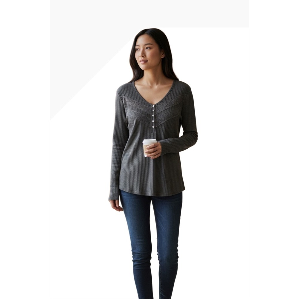Idyllwind Miranda Lambert Gray Ribbed Lace Henley Thermal Top XL